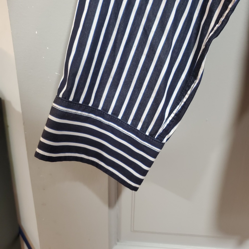 LRL Lauren Jeans Co Women Shirt Large Button Up Navy/White Stripe Nautical - Picture 7 of 14